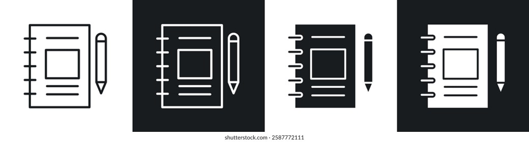 Notebook icon set black and white colors. Graphic Vector icons pack