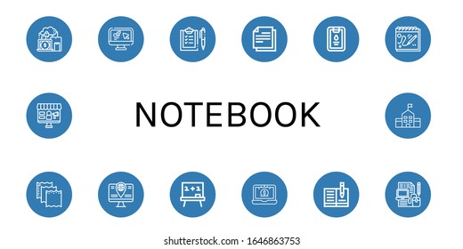 notebook icon set. Collection of Devices, Computer, Checklist, Note, Clipboard, Sketchbook, Paper, Board, Laptop, Notebook, School icons