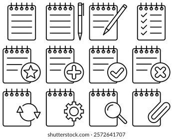 Notebook icon set. A collection of minimalist black outline icons of notebooks with various symbols such as gear, star, checkmark, and more. Perfect for apps, user interfaces, or design projects