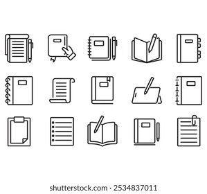 Conjunto de iconos de cuaderno. Contiene iconos como cuaderno, diario, recordatorio. Vector de línea delgada.