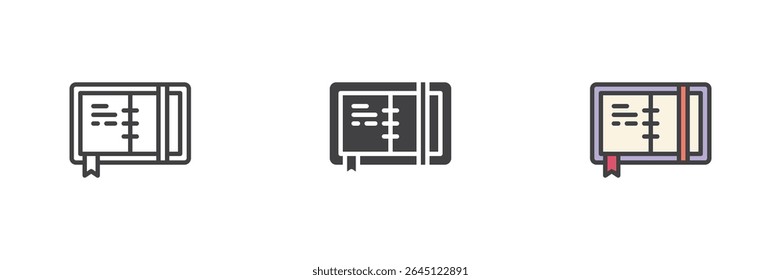 Notebook icon set in different styles showing a lined paper notebook. Includes line, solid glyph and filled outline colorful icon version. Stationery vector sign and symbol.
