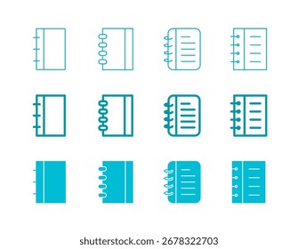 Ícone do notebook definido em linha sólida plana em negrito e estilo de linha fina para símbolos de educação e estudo