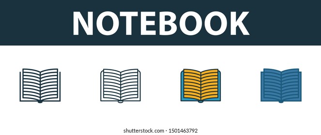 Notebook icon set. Four elements in diferent styles from school icons collection. Creative notebook icons filled, outline, colored and flat symbols.