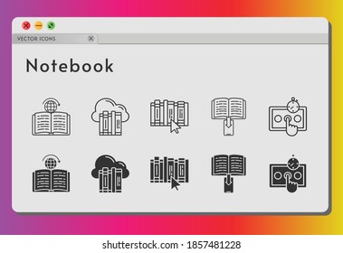 conjunto de iconos del bloc de notas. incluyeron los iconos de nube, ebook, test, book, learning en fondo blanco. estilos lineales y llenos.