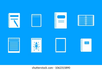 Notebook icon set. Simple set of notebook vector icons for web design isolated on blue background