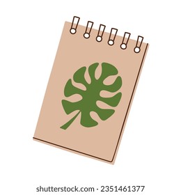 Notebook icon, vector doodle illustration of notepad with monstera leaf on cover, school supplies, personal organizer, stationery accessories, isolated colored clipart on white background