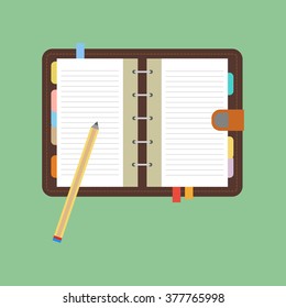Notebook icon vector. Open notebook with white page. Pen. Pencil. Vector illustration