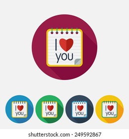 Notebook icons. Flat design. I love you. Valentine's day message. Vector illustration. 