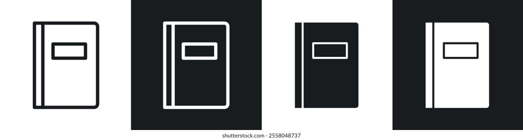 Notebook icons pack in black and white filled and outlined versions.