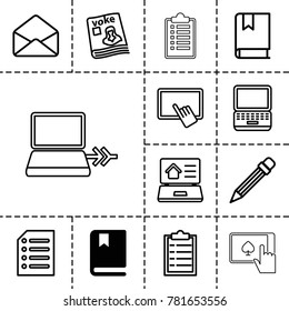 Notebook icons. set of 13 editable outline notebook icons such as book, finger on tablet, laptop, checklist, magazine, envelope, pencil, paper, real estate on laptop