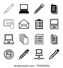 Notebook icons. set of 16 editable filled and outline notebook icons such as checklist, paper, pen, pencil, no laptop, laptop, envelope