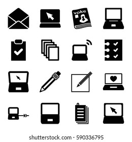 notebook icons set. Set of 16 notebook filled icons such as laptop connection, paper, laptop with heart, magazine, laptop, envelope, pen, checklist