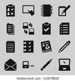 Notebook icons set. set of 16 notebook filled icons such as laptop connection, pen, finger on tablet, paper, magazine, envelope, notebook, checklist, laptop