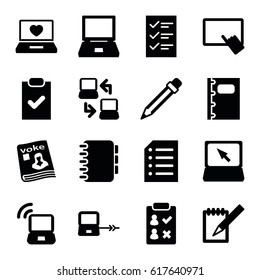 Notebook icons set. set of 16 notebook filled icons such as laptop connection, finger on tablet, laptop with heart, magazine, notebook, pencil, paper, checklist