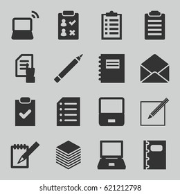 Notebook icons set. set of 16 notebook filled icons such as pen, pointing on document, laptop, envelope, notebook, paper and pen, paper, checklist, notepad