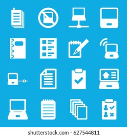 Notebook icons set. set of 16 notebook filled icons such as no laptop, laptop connection, paper, notebook, checklist