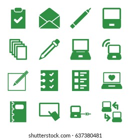 Notebook icons set. set of 16 notebook filled icons such as laptop connection, pen, finger on tablet, paper, laptop with heart, envelope, notebook, checklist, paper and pen
