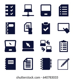 Notebook icons set. set of 16 notebook filled icons such as finger on tablet, pointing on document, notebook, checklist, paper and pen, laptop, paper, laptop connection