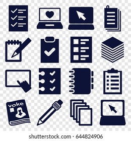 Notebook icons set. set of 16 notebook filled icons such as finger on tablet, paper, laptop with heart, magazine, laptop, pen, notebook