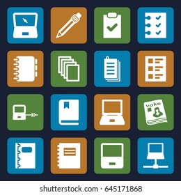 Notebook icons set. set of 16 notebook filled icons such as laptop connection, paper, magazine, pen, notebook, checklist, laptop, book