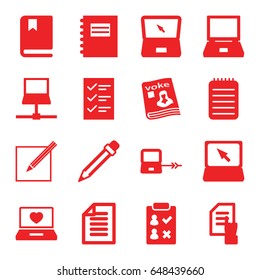 Notebook icons set. set of 16 notebook filled icons such as laptop connection, pointing on document, laptop with heart, magazine, laptop, notebook, paper and pen, pencil