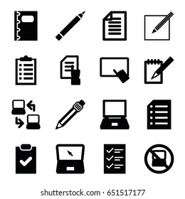 Notebook icons set. set of 16 notebook filled icons such as no laptop, pen, finger on tablet, pointing on document, notebook, paper and pen, laptop, paper, checklist