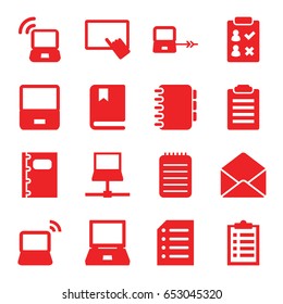 Notebook icons set. set of 16 notebook filled icons such as laptop connection, finger on tablet, laptop, envelope, notebook, paper, book, laptop signal, check list