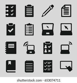 Notebook icons set. set of 16 notebook filled icons such as finger on tablet, laptop, notebook, checklist, pencil, paper, book, laptop signal, notepad