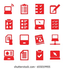 Notebook icons set. set of 16 notebook filled icons such as pointing on document, magazine, laptop, notebook, checklist, paper, real estate on laptop