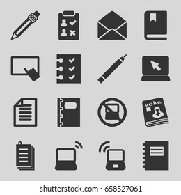 Notebook icons set. set of 16 notebook filled icons such as no laptop, pen, finger on tablet, paper, magazine, laptop, envelope, notebook, checklist, book, laptop signal