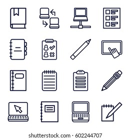 notebook icons set. Set of 16 notebook outline icons such as pen, finger on tablet, notebook, checklist, book, laptop connection, laptop, notepad