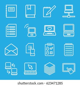 Notebook icons set. set of 16 notebook outline icons such as finger on tablet, pointing on document, laptop with heart, envelope, notebook, paper, book, laptop connection