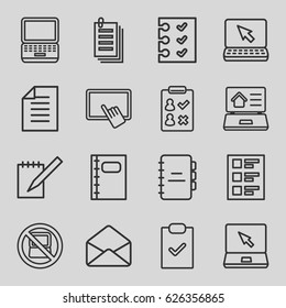 Notebook icons set. set of 16 notebook outline icons such as no laptop, finger on tablet, paper, laptop, envelope, notebook, checklist, real estate on laptop
