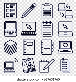 Notebook icons set. set of 16 notebook outline icons such as paper, laptop with heart, magazine, laptop, notebook, pen, checklist, laptop connection