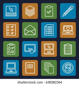 Notebook icons set. set of 16 notebook outline icons such as no laptop, finger on tablet, paper, laptop with heart, envelope, checklist, laptop, pencil, notepad