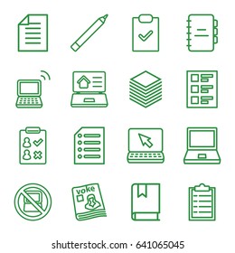 Notebook icons set. set of 16 notebook outline icons such as no laptop, pen, magazine, laptop, checklist, paper, real estate on laptop, book, notebook