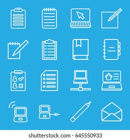 Notebook icons set. set of 16 notebook outline icons such as laptop connection, pen, envelope, notebook, paper and pen, paper, real estate on laptop, book, check list