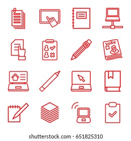 Notebook icons set. set of 16 notebook outline icons such as pen, finger on tablet, pointing on document, paper, magazine, laptop, notebook, real estate on laptop, book