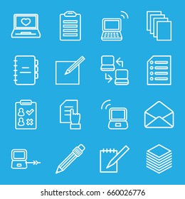Notebook icons set. set of 16 notebook outline icons such as laptop connection, pointing on document, paper, laptop with heart, envelope, pen, notebook, paper and pen