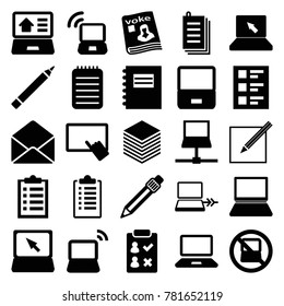Notebook icons. set of 25 editable filled notebook icons such as no laptop, pen, finger on tablet, notepad, laptop, check list, checklist, paper, magazine, envelope, notebook