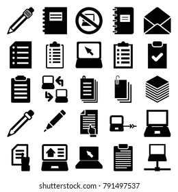 Notebook icons. set of 25 editable filled notebook icons such as laptop connection, pointing on document, notepad, laptop, check list, checklist, paper, envelope, pen