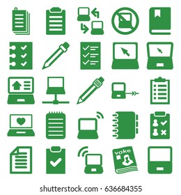 Notebook icons set. set of 25 notebook filled icons such as no laptop, laptop connection, paper, magazine, notebook, pen, checklist, pencil, book