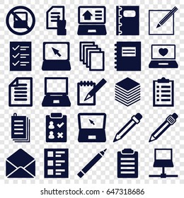 Notebook icons set. set of 25 notebook filled icons such as no laptop, pen, pointing on document, paper, laptop with heart, envelope, notebook, checklist, paper and pen