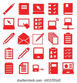 Notebook icons set. set of 25 notebook filled icons such as laptop connection, pen, finger on tablet, paper, laptop, envelope, notebook, checklist, paper and pen, pencil