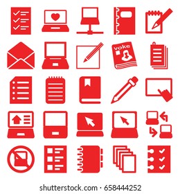 Notebook icons set. set of 25 notebook filled icons such as no laptop, finger on tablet, paper, laptop with heart, magazine, envelope, notebook, checklist, paper and pen