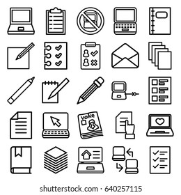 Notebook icons set. set of 25 notebook outline icons such as no laptop, laptop connection, pen, pointing on document, paper, magazine, envelope, notebook, checklist