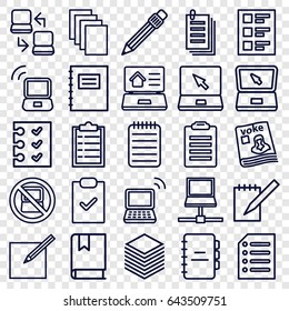 Notebook icons set. set of 25 notebook outline icons such as no laptop, paper, magazine, laptop, notebook, pen, checklist, paper and pen, book, notepad