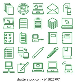 Notebook icons set. set of 25 notebook outline icons such as no laptop, laptop connection, pen, pointing on document, paper, envelope, notebook, checklist, pencil, book