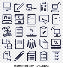 Notebook icons set. set of 25 notebook outline icons such as laptop connection, finger on tablet, pointing on document, paper, magazine, laptop, notebook, checklist, pencil