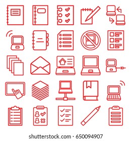 Notebook icons set. set of 25 notebook outline icons such as no laptop, laptop connection, pen, finger on tablet, paper, envelope, notebook, checklist, book, notepad